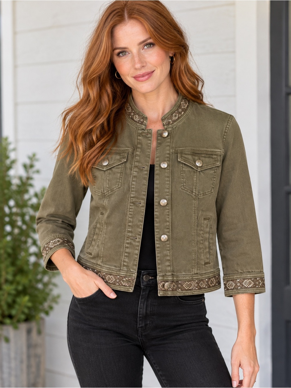White House Black Market Olive Green Jean Jacket with Embroidered Trim